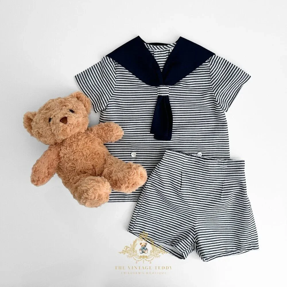 NWT Cute Boys Short Sleeve Sailor Outfit Nautical Stripes Navy Blue & White 12M